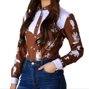 RANCH DRESSN Fallon Taylor Brown Buckaroo Performance Rodeo Cowgirl shirt sz XL